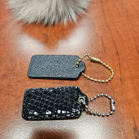 3pc COACH Bag Charm Lot - Auth Black Leather Hangtags & Large Fluffy Pom Pom - Picture 3 of 5